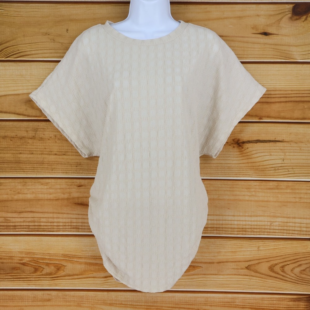 SHEIN Short Sleeve Blouse‎ Shirt Womens L Beige Checks Lightweight Ruched Sides